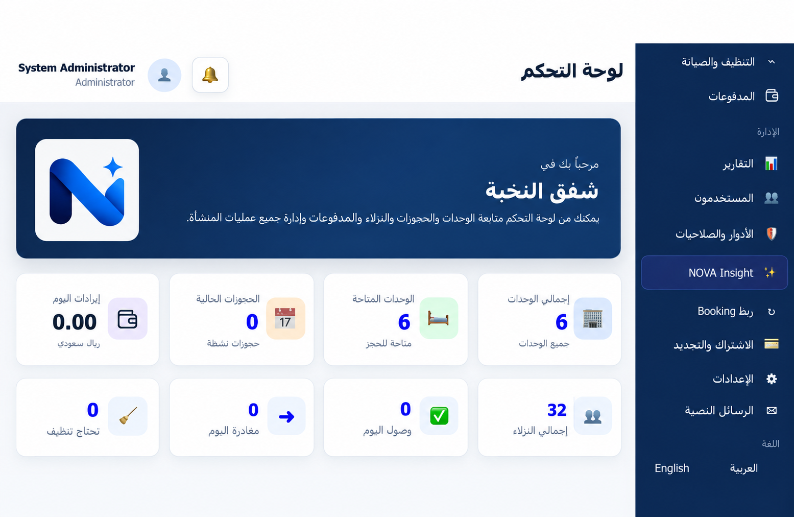 واجهة لوحة التحكم في نظام نوفا لإدارة الضيافة